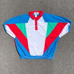 Color Block Casual Isle 1980s 1990s Short Sleeve Oversized Windbreaker (Fits L)
